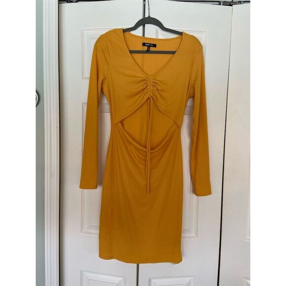 BCBG Women's Yellow Ribbed Knit Cutout Bodycon Dress Size L Short - Picture 1 of 3